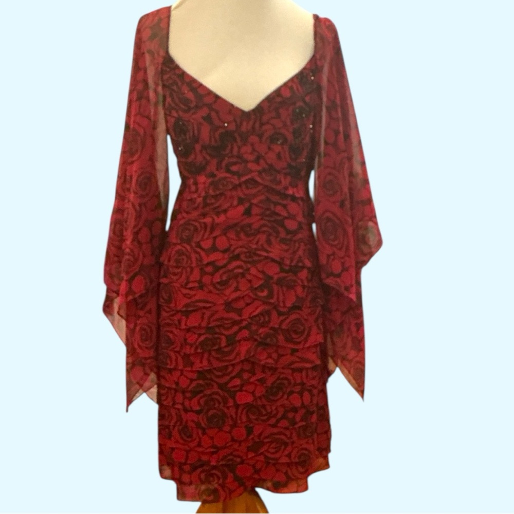 Chetta B Vibrant Red and Black Long Sleeve 100% silk Dress